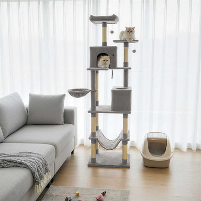 80 Inches Tall Cat Tree with 2 Large Condos and Dangling Toys, Light Gray Cat Trees Condos & Scratchers at Gallery Canada