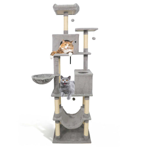 80 Inches Tall Cat Tree with 2 Large Condos and Dangling Toys, Light Gray