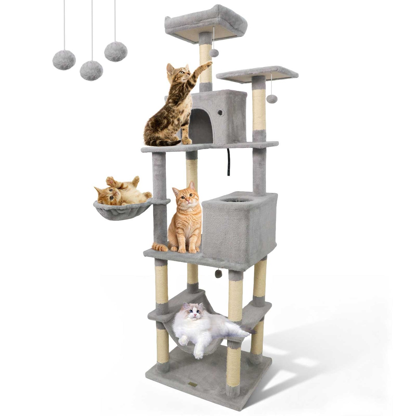 80 Inches Tall Cat Tree with 2 Large Condos and Dangling Toys, Light Gray Cat Trees Condos & Scratchers at Gallery Canada