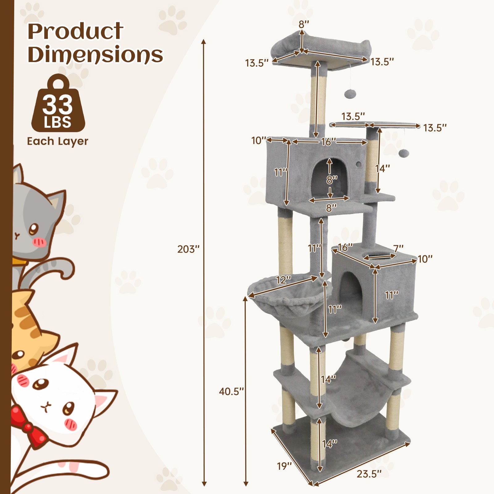 80 Inches Tall Cat Tree with 2 Large Condos and Dangling Toys, Light Gray Cat Trees Condos & Scratchers at Gallery Canada