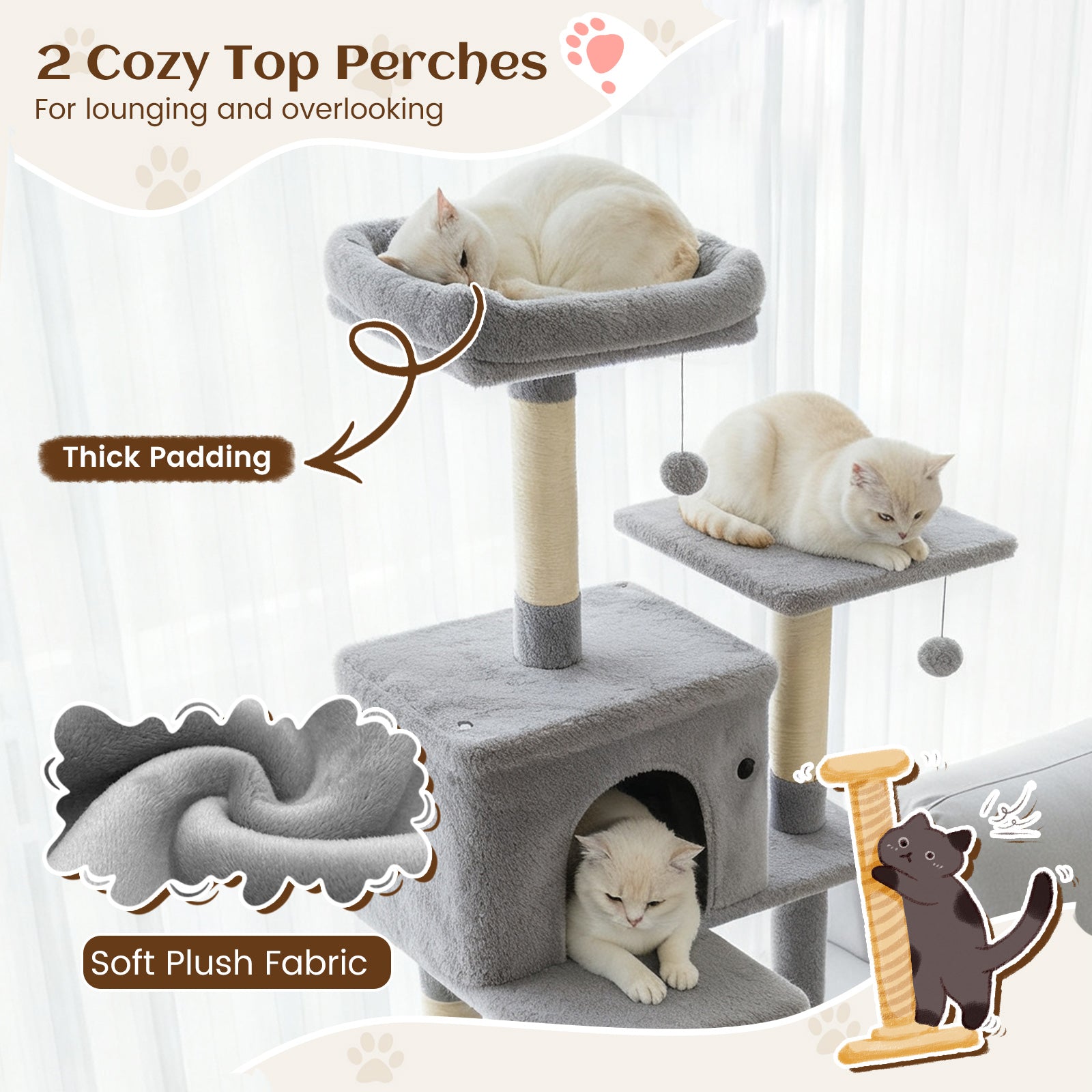 80 Inches Tall Cat Tree with 2 Large Condos and Dangling Toys, Light Gray Cat Trees Condos & Scratchers at Gallery Canada