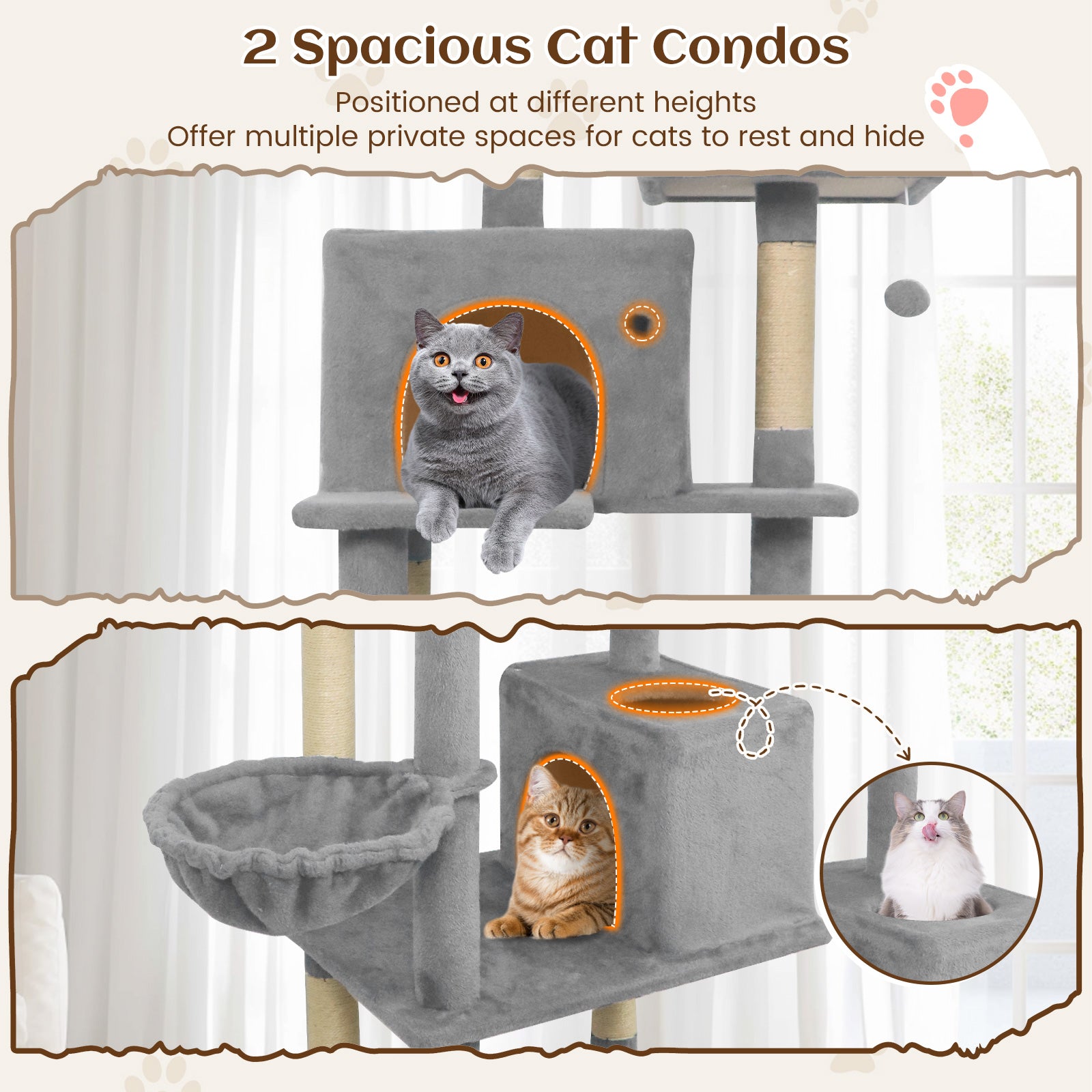 80 Inches Tall Cat Tree with 2 Large Condos and Dangling Toys, Light Gray Cat Trees Condos & Scratchers at Gallery Canada