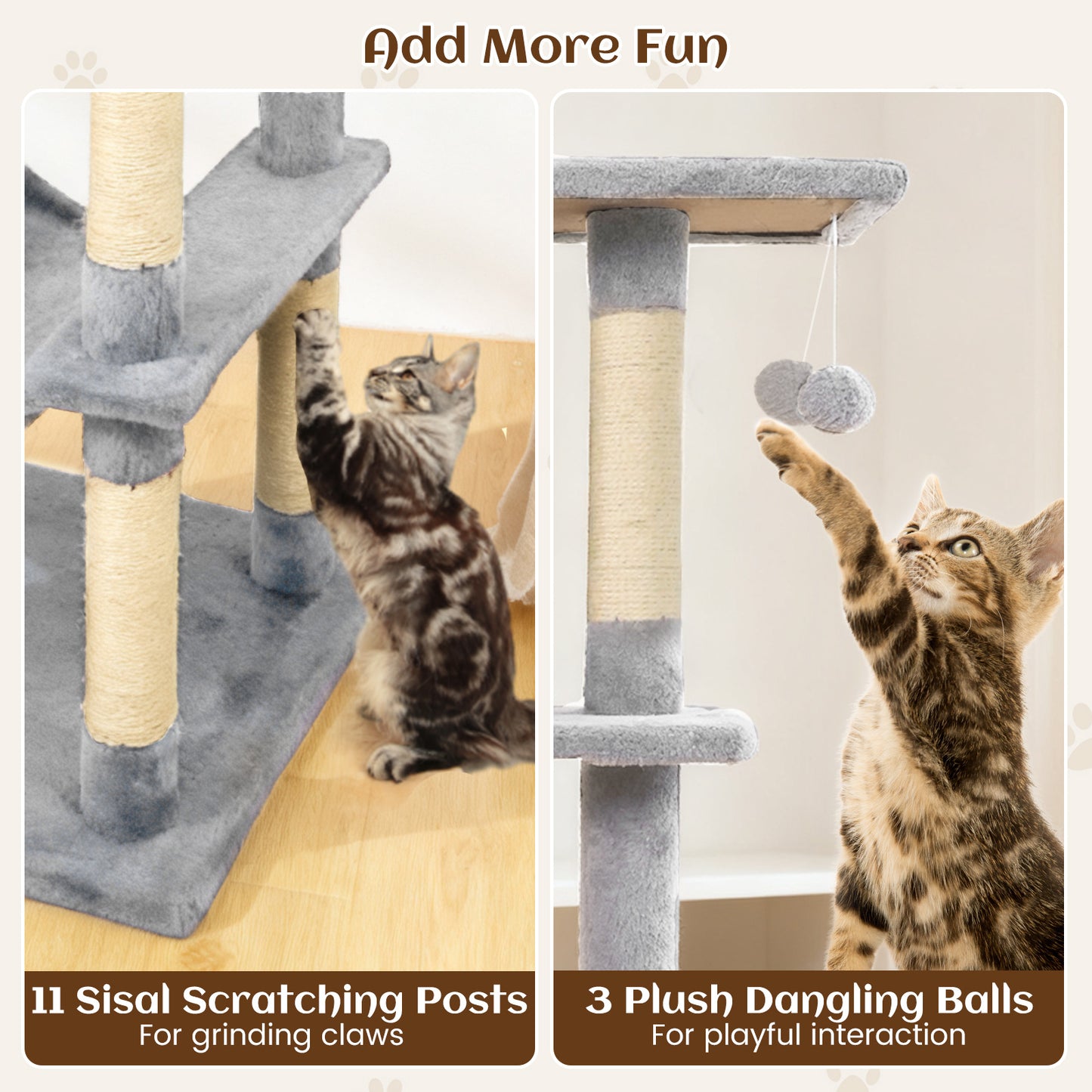 80 Inches Tall Cat Tree with 2 Large Condos and Dangling Toys, Light Gray Cat Trees Condos & Scratchers at Gallery Canada