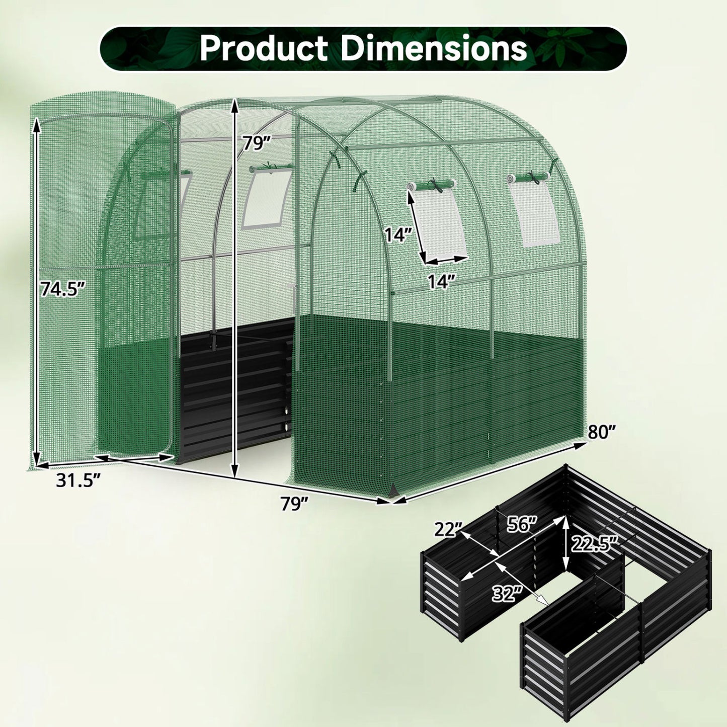 Walk-In Greenhouse With Large Plant Bed, 80 x 79 x 79 In, Green