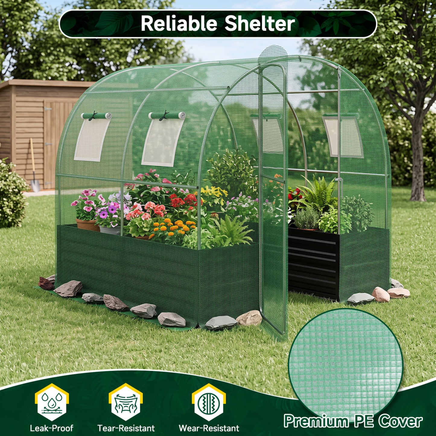 Walk-In Greenhouse With Large Plant Bed, 80 x 79 x 79 In, Green