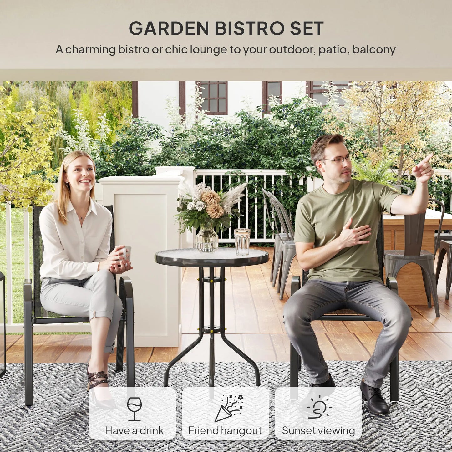 3 Piece Bistro Set, Stackable Mesh Chairs, Glass Table, Black Bistro Sets at Gallery Canada