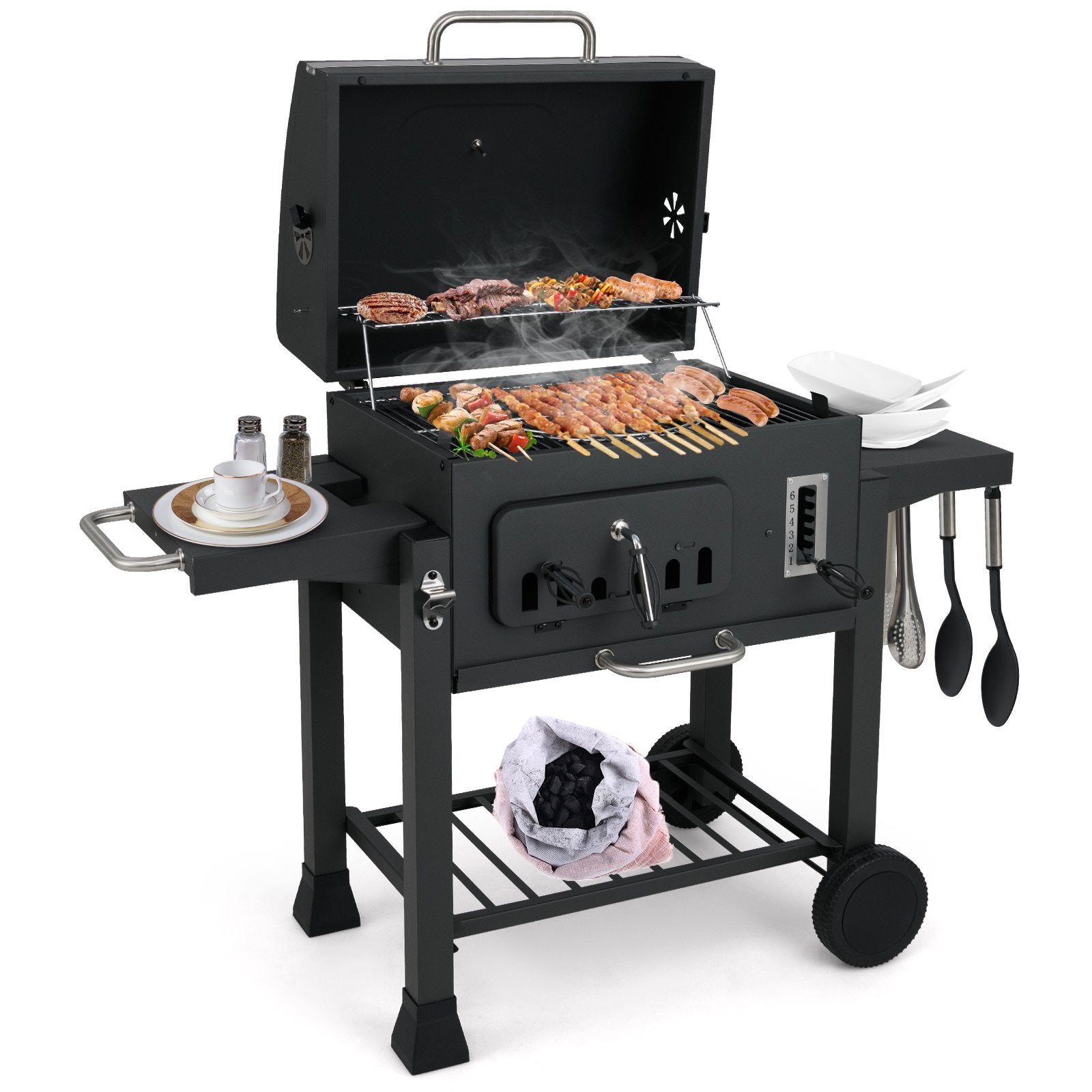 24-Inch Barrel Charcoal Grill with 2 Folding Side Tables and 544 sq.in Cooking Area, Black Outdoor Grills Black at Gallery Canada