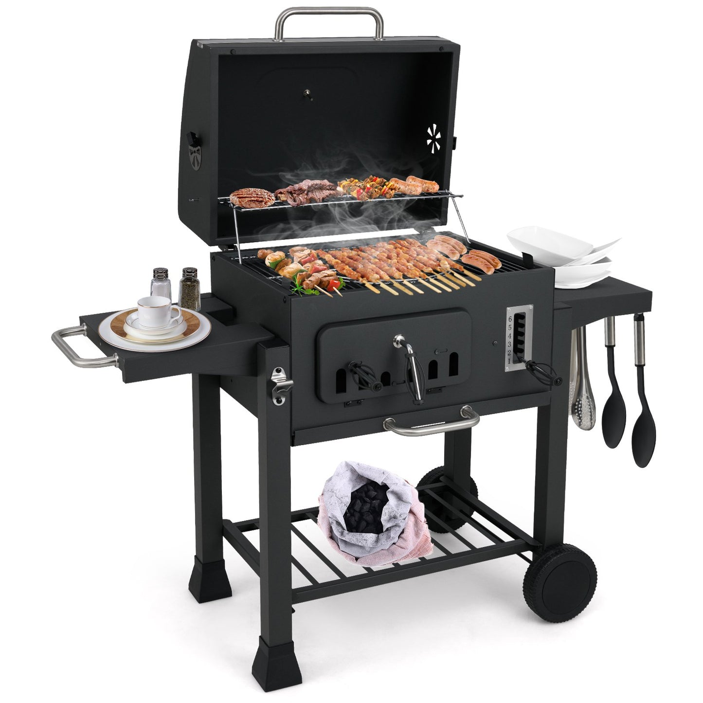 24-Inch Barrel Charcoal Grill with 2 Folding Side Tables and 544 sq.in Cooking Area, Black Outdoor Grills at Gallery Canada