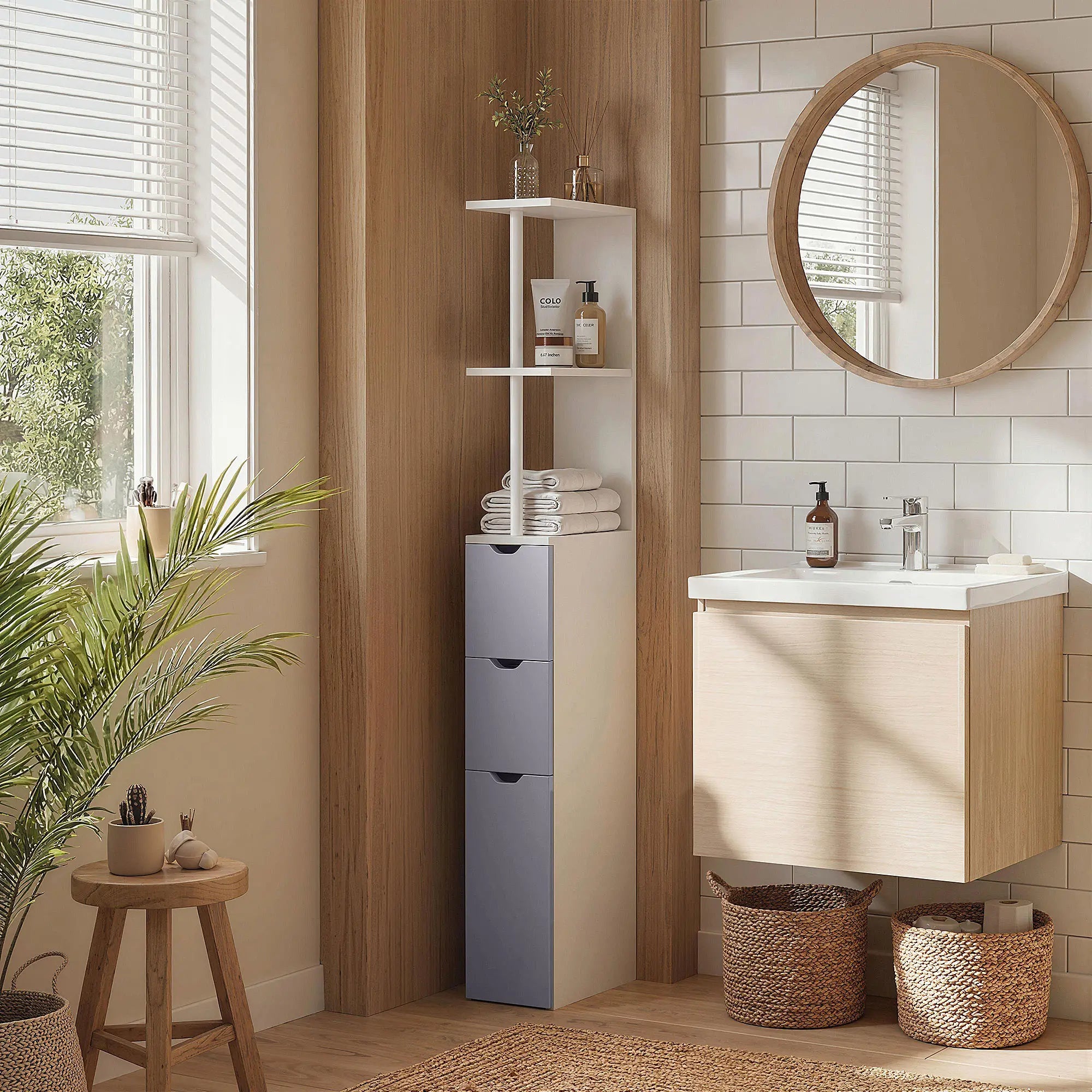 Tall Narrow Bathroom Storage Cabinet with Drawers, Open Shelves, White Grey Bathroom Cabinets at Gallery Canada