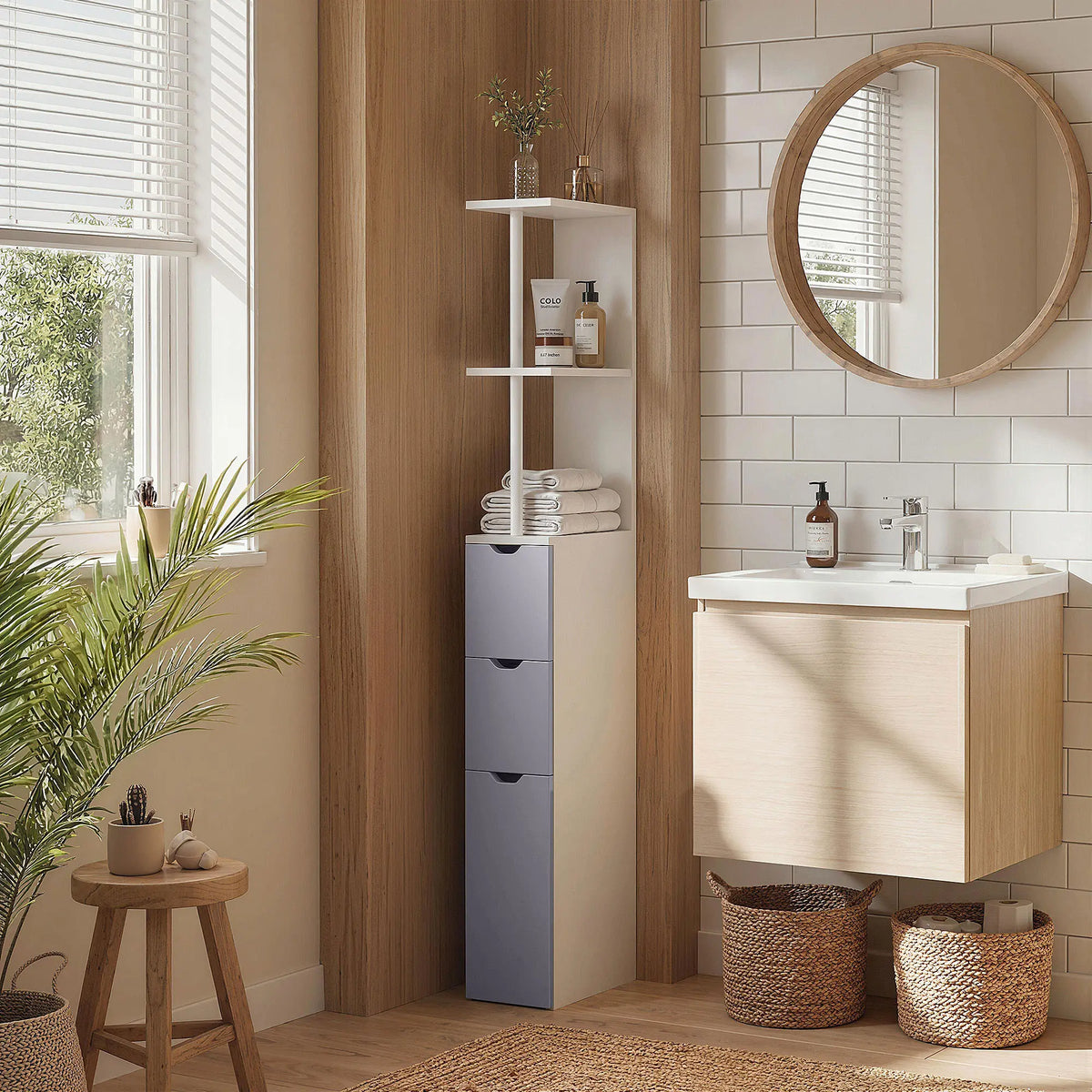 Tall Narrow Bathroom Storage Cabinet with Drawers, Open Shelves, White Grey Bathroom Cabinets at Gallery Canada