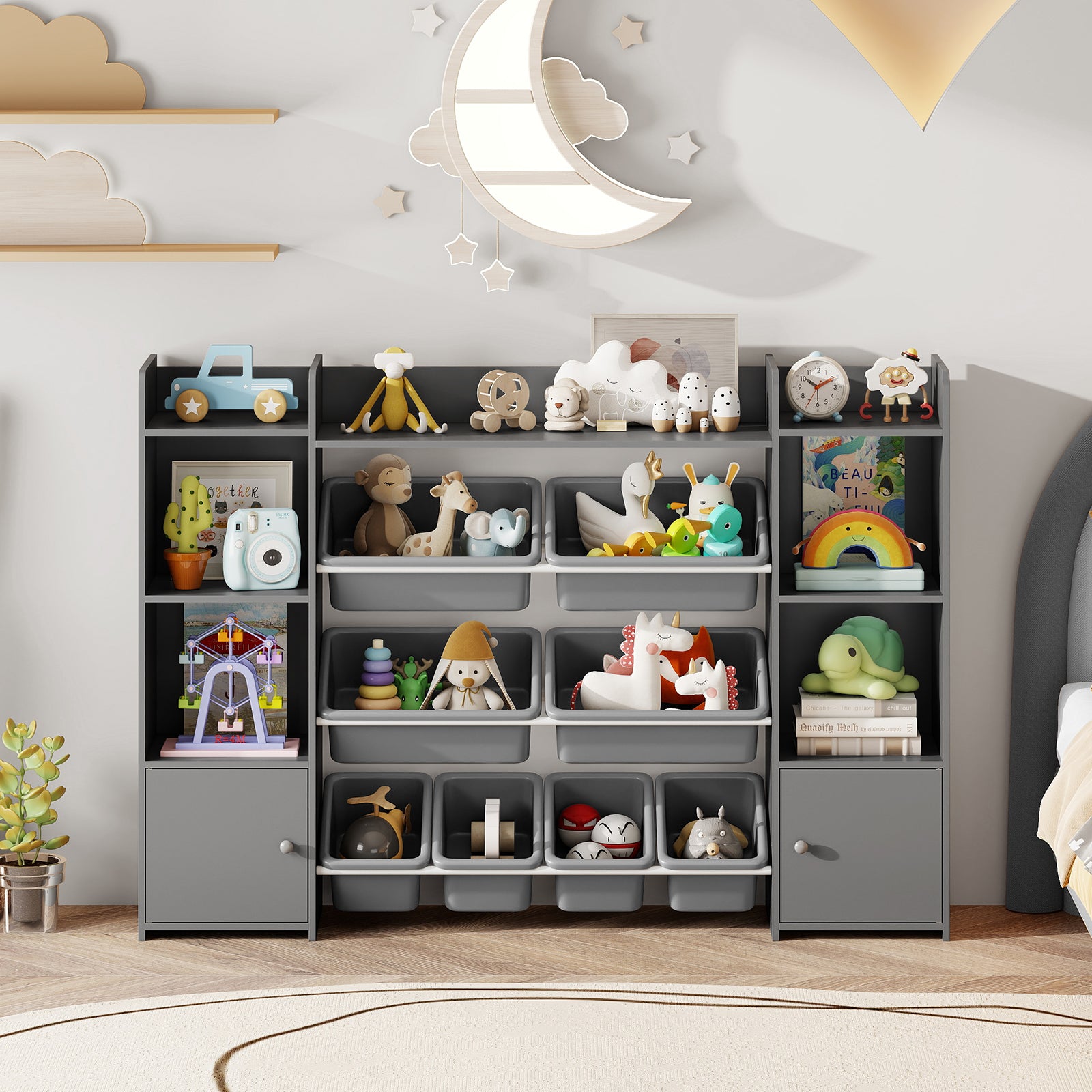 56 inch Large Toy Storage Organizer with 8 Removable Bins and Bookshelf, Gray Kids Storage at Gallery Canada