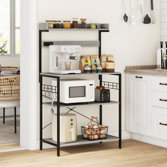 Kitchen Baker's Rack with Power Outlet, Coffee Bar Station with Adjustable Shelves and Hooks, Distressed Grey Bar Cabinets Distressed Grey, Black at Gallery Canada