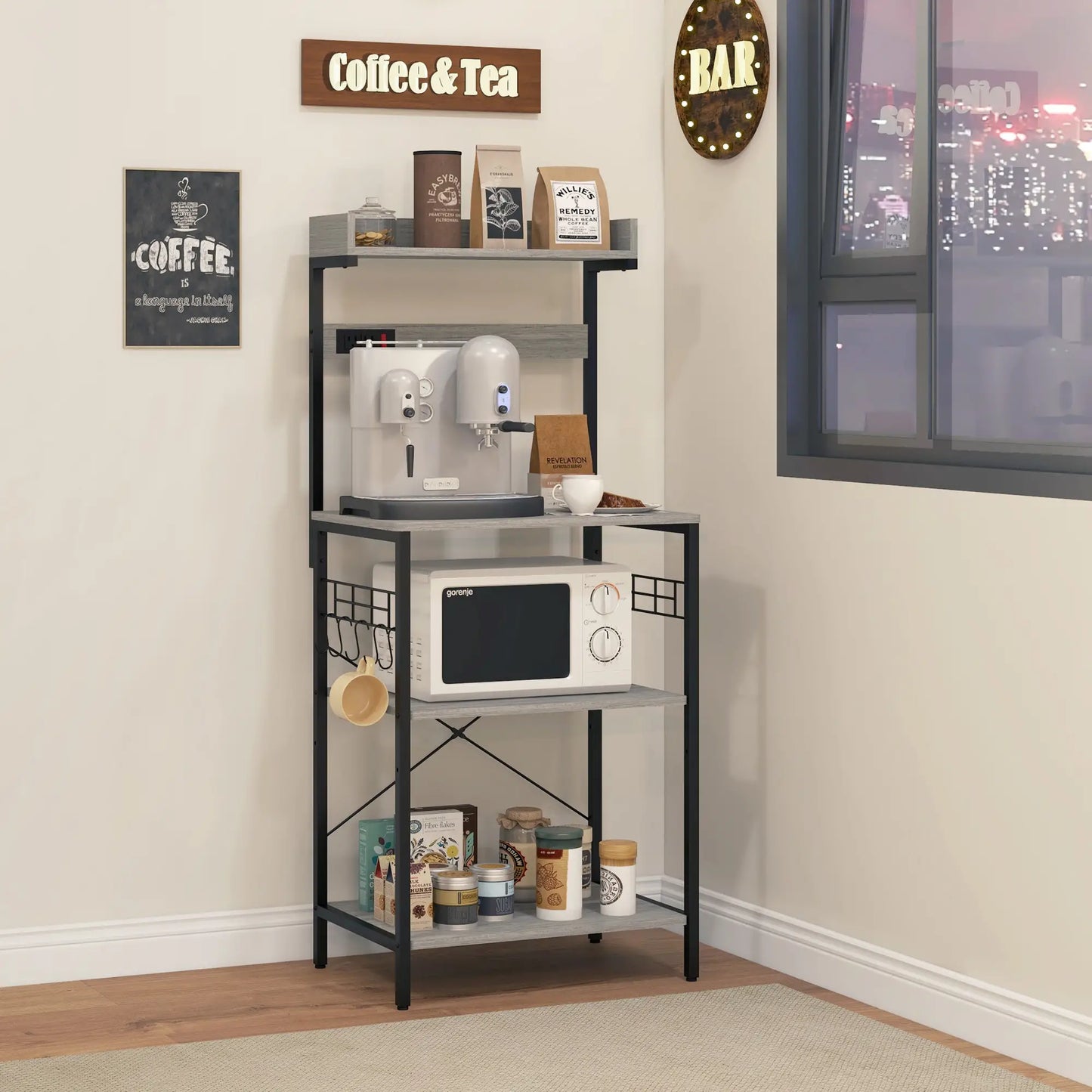 Kitchen Baker's Rack with Power Outlet, Adjustable Shelves, Distressed Grey, Grey Bar Cabinets at Gallery Canada