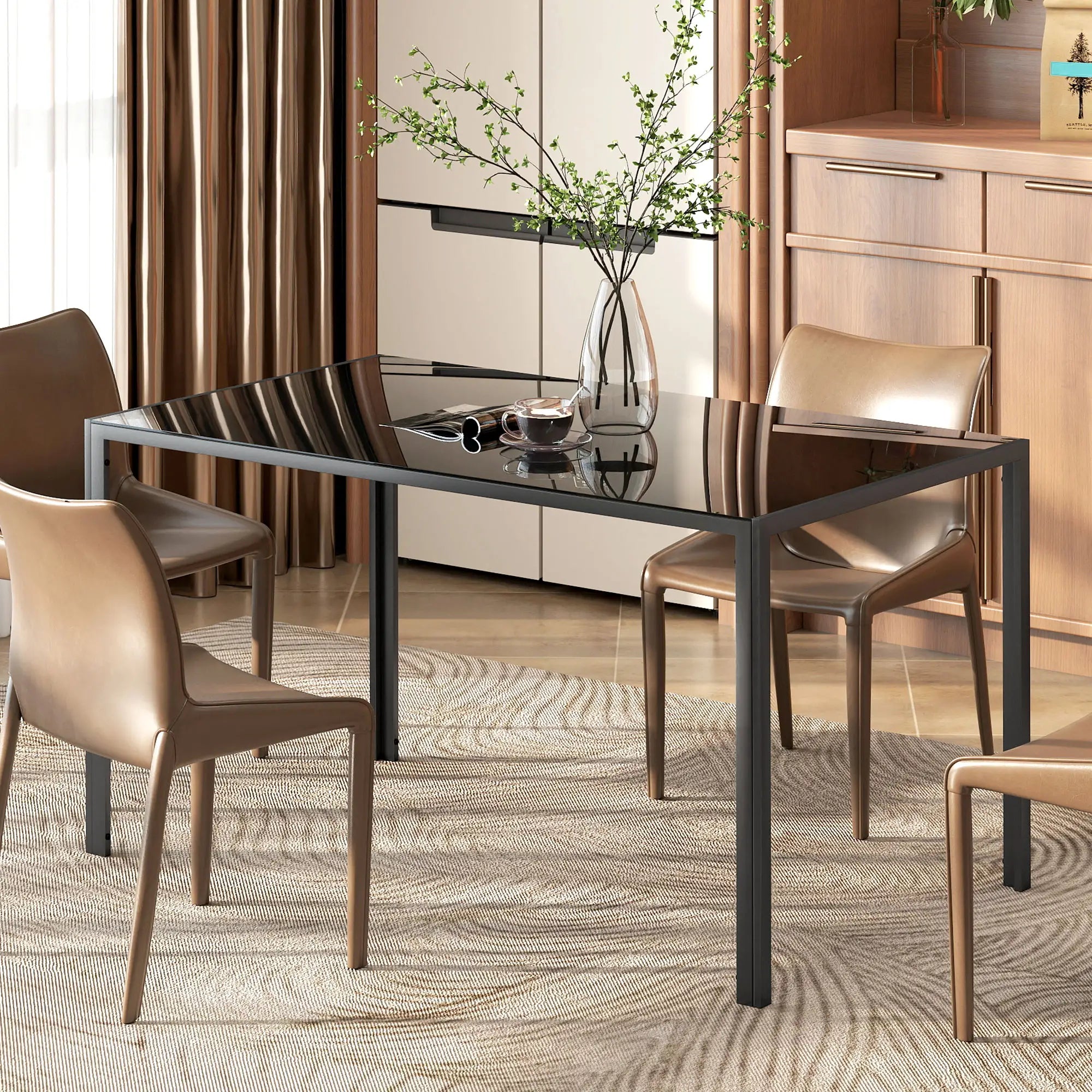 Rectangular Kitchen Table For 4 People, Tempered Glass Tabletop, Black Dining Tables at Gallery Canada