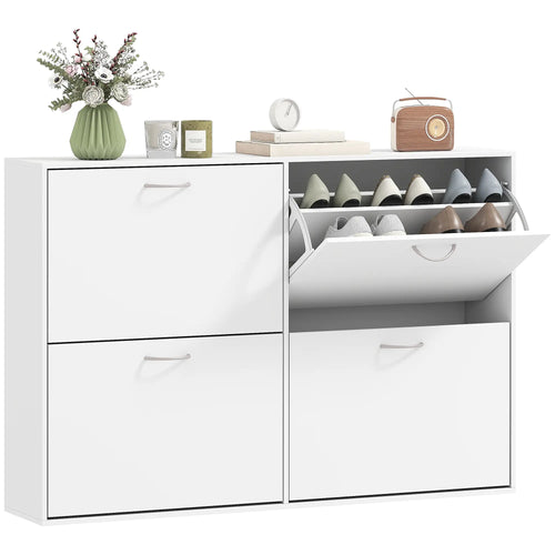 Flip Down Shoe Rack, Wooden Shelf, 4 Drawer Organizer, White