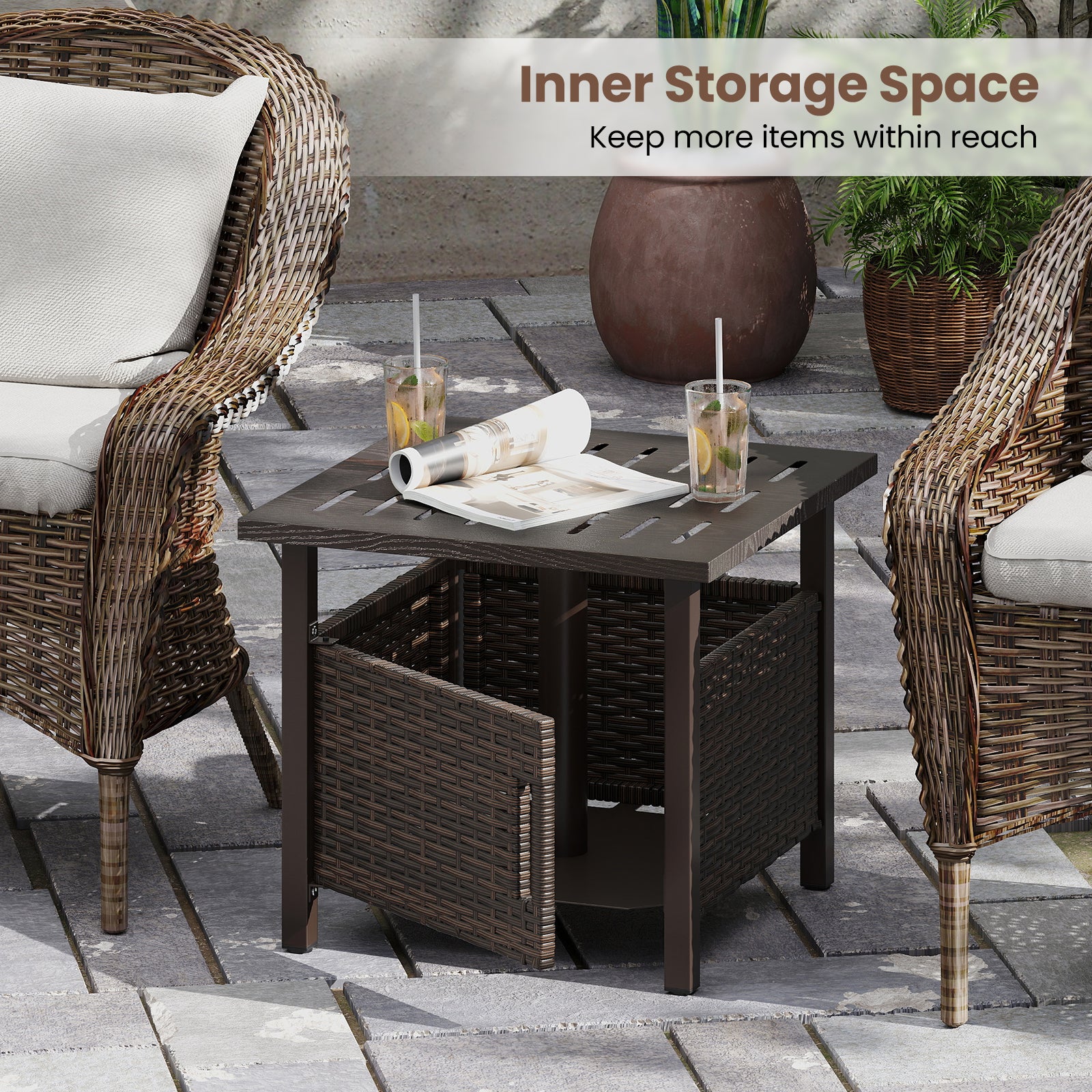 Outdoor Side Table with 1.93" Umbrella Hole All-Weather PE Wicker Patio Umbrella Table, Brown Patio Coffee Tables at Gallery Canada