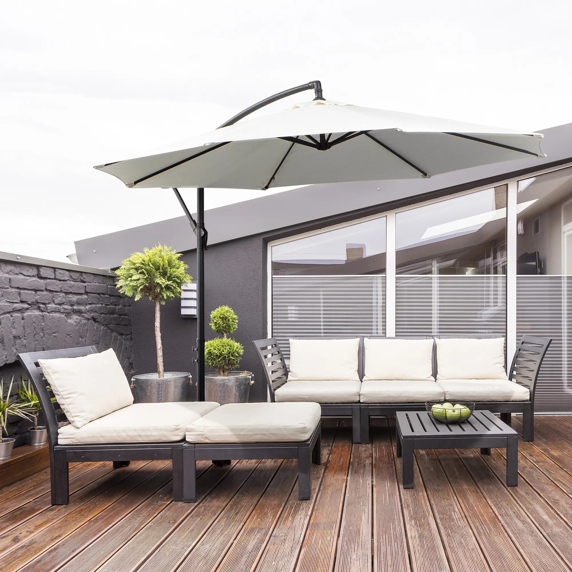 9.7ft Offset Patio Umbrella, Crank Handle, 8 Ribs, Cross Base, Cream Cantilever Umbrellas at Gallery Canada