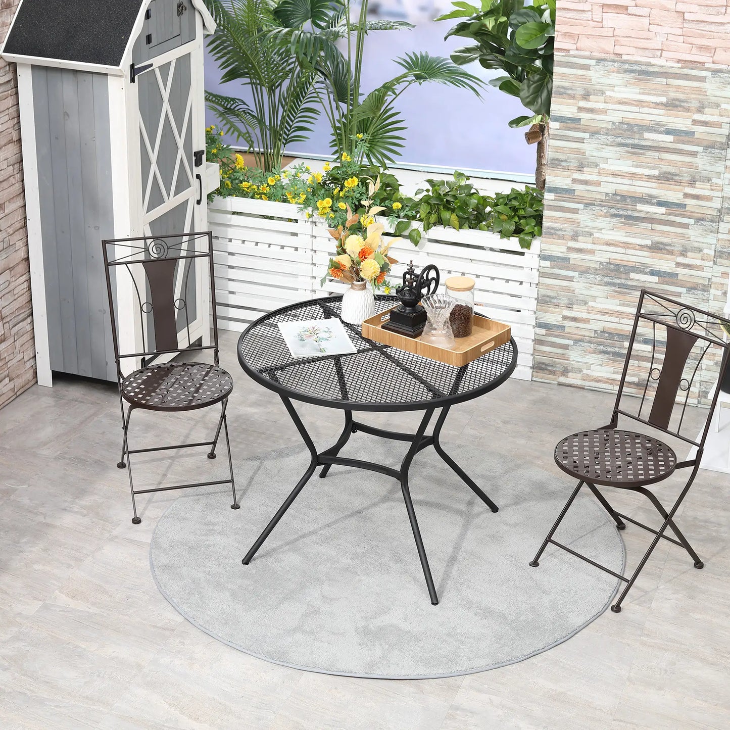 35" Round Patio Dining Table, Steel with Mesh Tabletop, Black Patio Side Tables at Gallery Canada