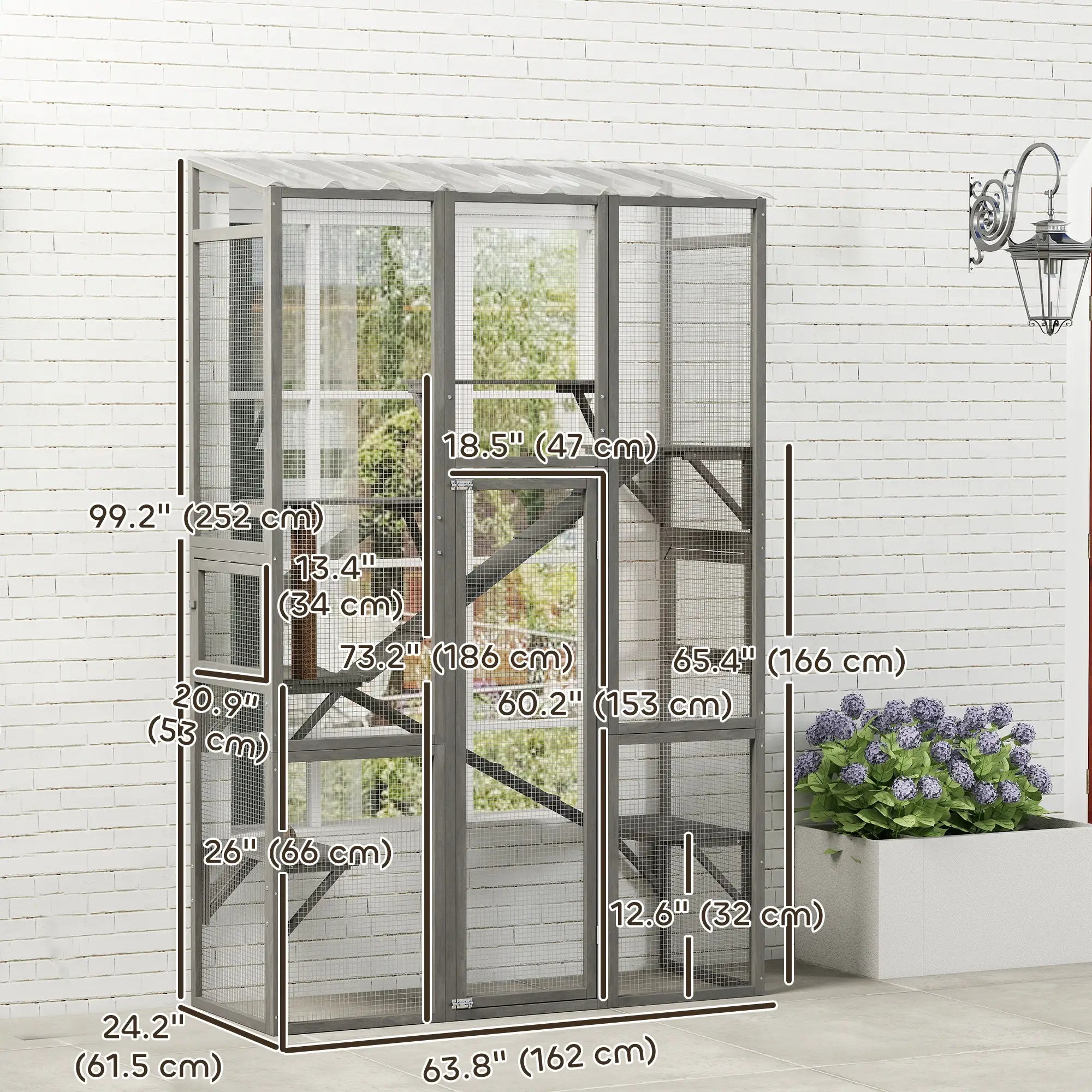 Wooden Catio Outdoor Cat Enclosure, 6 Jumping Platforms, Scratching Post, 2 Ramps, Waterproof Roof, Grey Outdoor Cat Enclosures at Gallery Canada