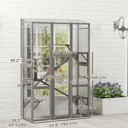 Wooden Catio Outdoor Cat Enclosure, 6 Jumping Platforms, Scratching Post, 2 Ramps, Waterproof Roof, Grey Outdoor Cat Enclosures at Gallery Canada