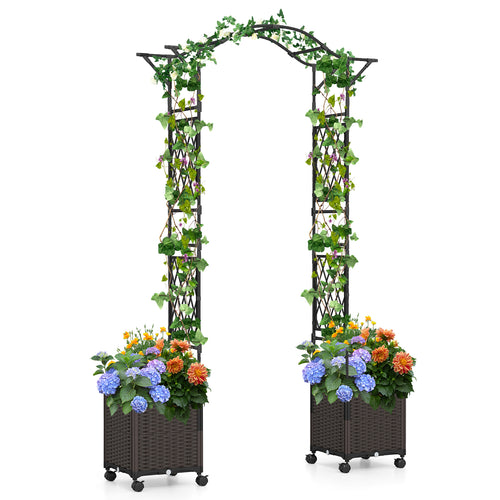82 x 99 Inch Garden Arch Trellis with 2 Self-Watering Planter Boxes Wheels, Black