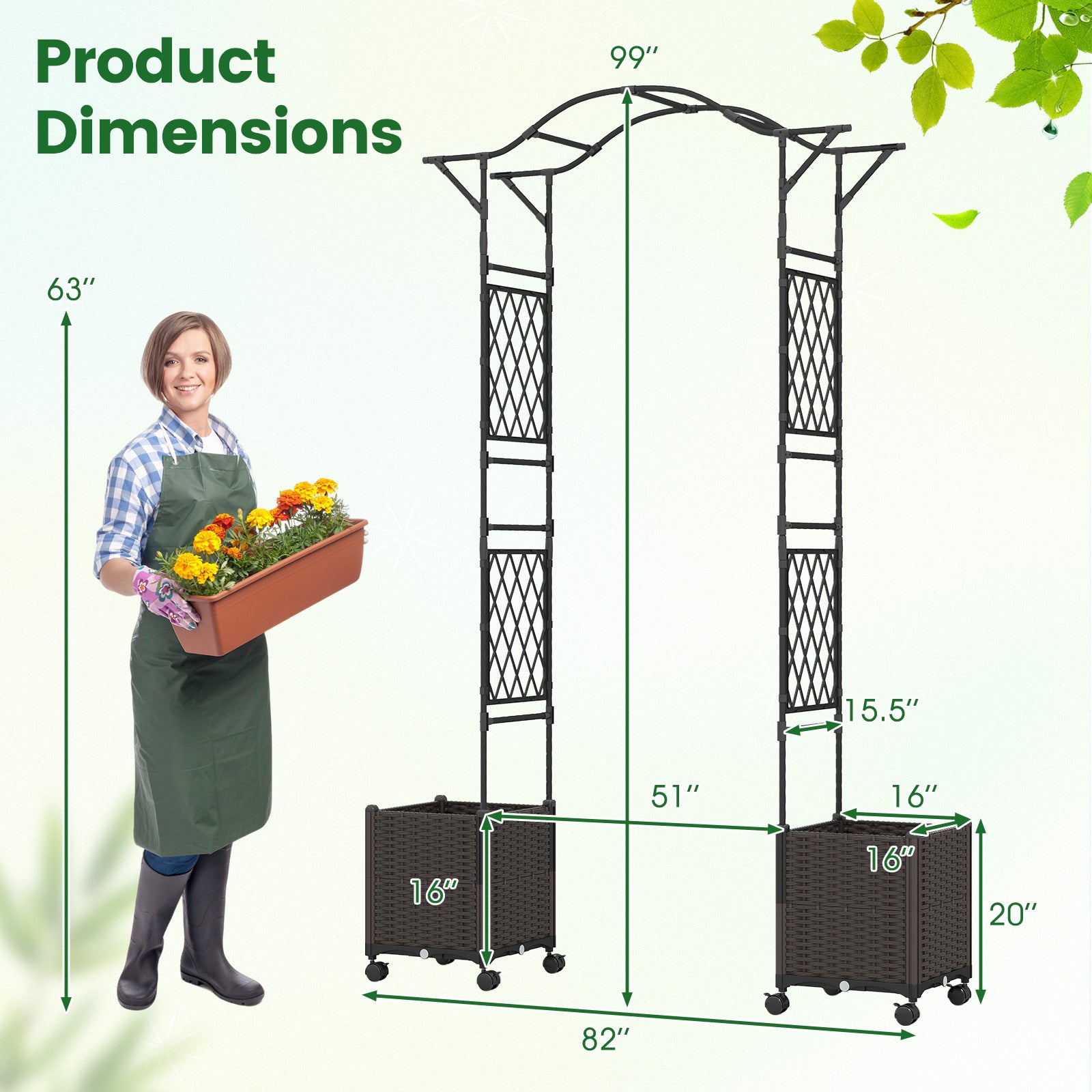 82 x 99 Inch Garden Arch Trellis with 2 Self-Watering Planter Boxes Wheels, Black Outdoor Decor at Gallery Canada