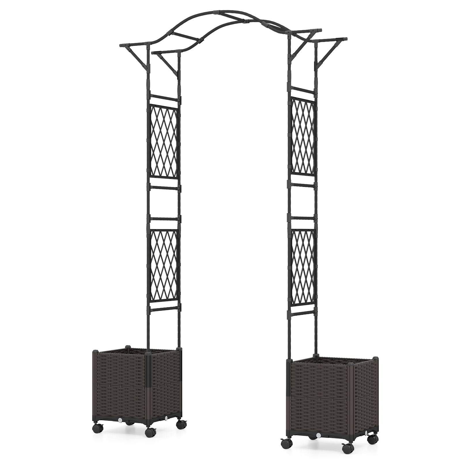 82 x 99 Inch Garden Arch Trellis with 2 Self-Watering Planter Boxes Wheels, Black Outdoor Decor at Gallery Canada