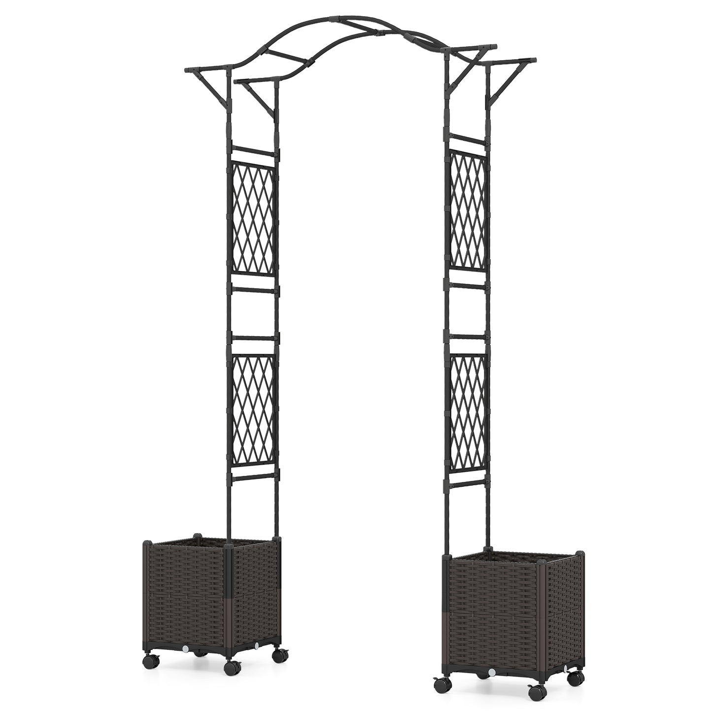 82 x 99 Inch Garden Arch Trellis with 2 Self-Watering Planter Boxes Wheels, Black Outdoor Decor at Gallery Canada