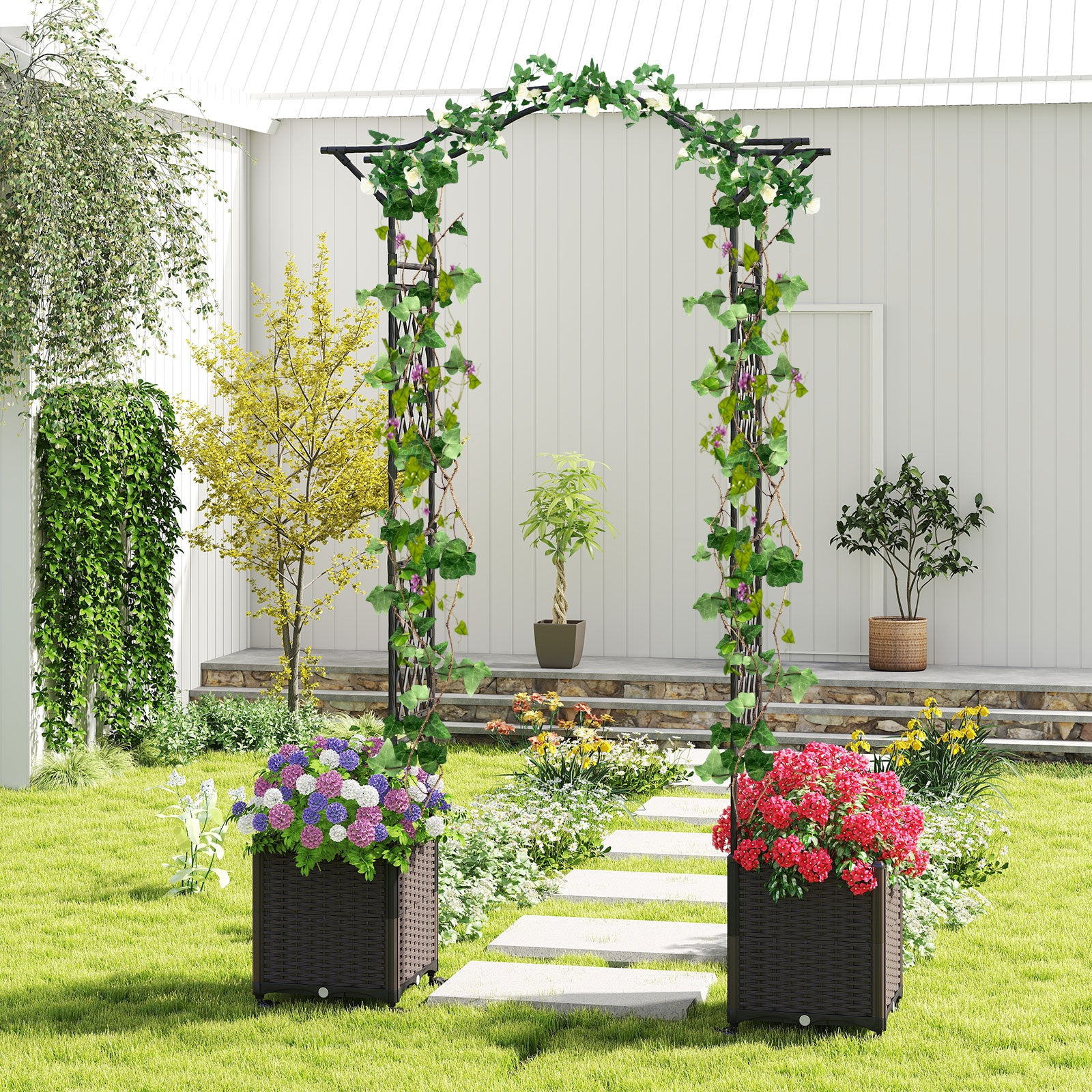 82 x 99 Inch Garden Arch Trellis with 2 Self-Watering Planter Boxes Wheels, Black Outdoor Decor at Gallery Canada