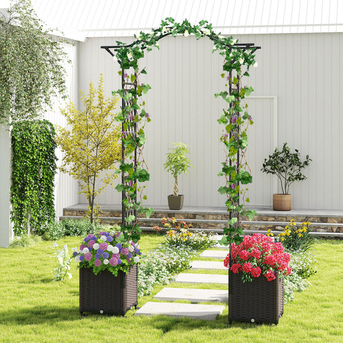82 x 99 Inch Garden Arch Trellis with 2 Self-Watering Planter Boxes Wheels, Black