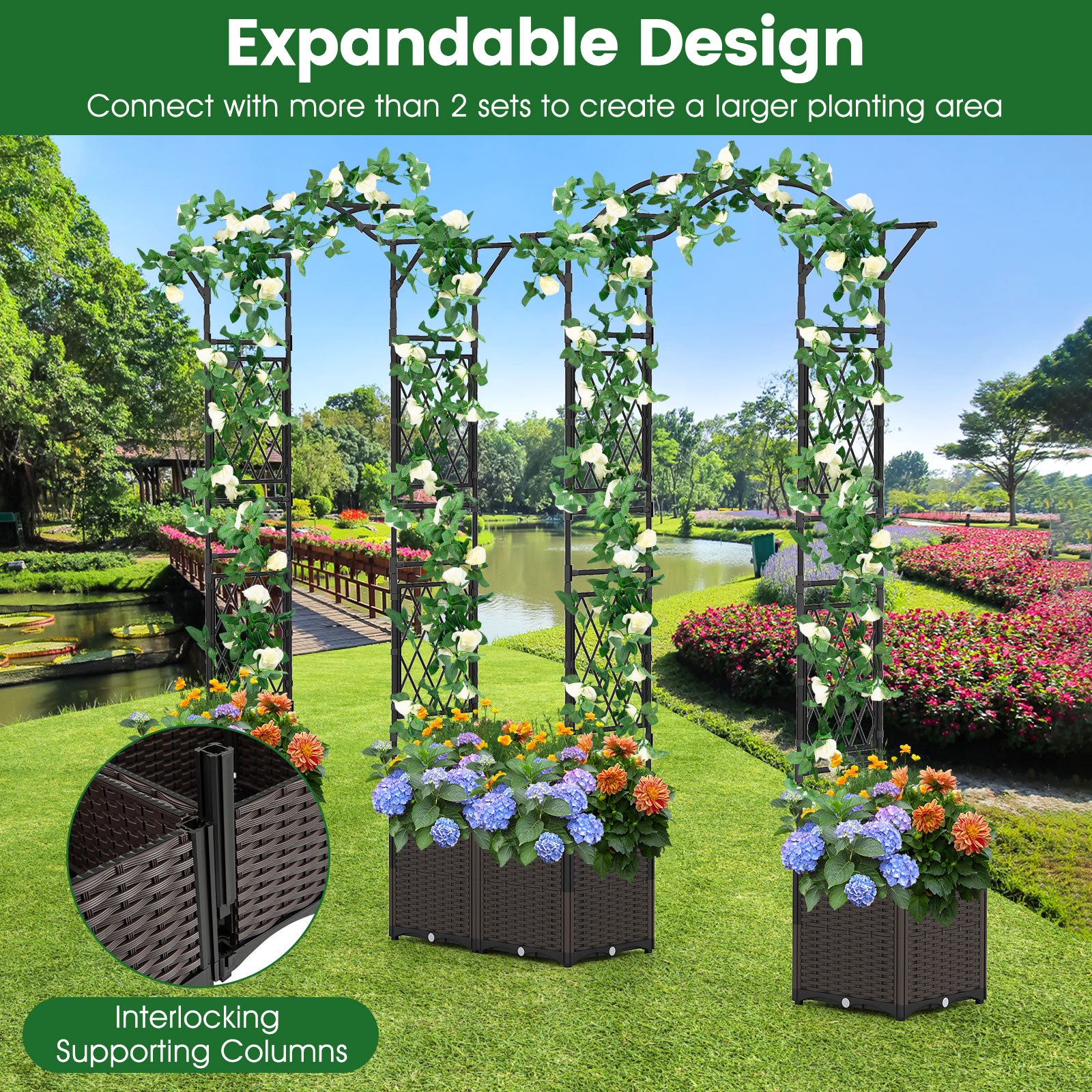 82 x 99 Inch Garden Arch Trellis with 2 Self-Watering Planter Boxes Wheels, Black Outdoor Decor at Gallery Canada