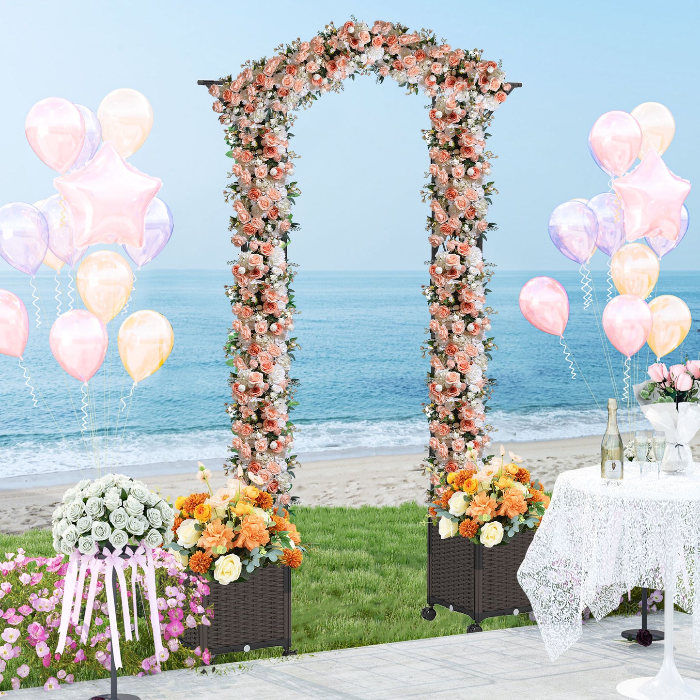 82 x 99 Inch Garden Arch Trellis with 2 Self-Watering Planter Boxes Wheels, Black Outdoor Decor at Gallery Canada