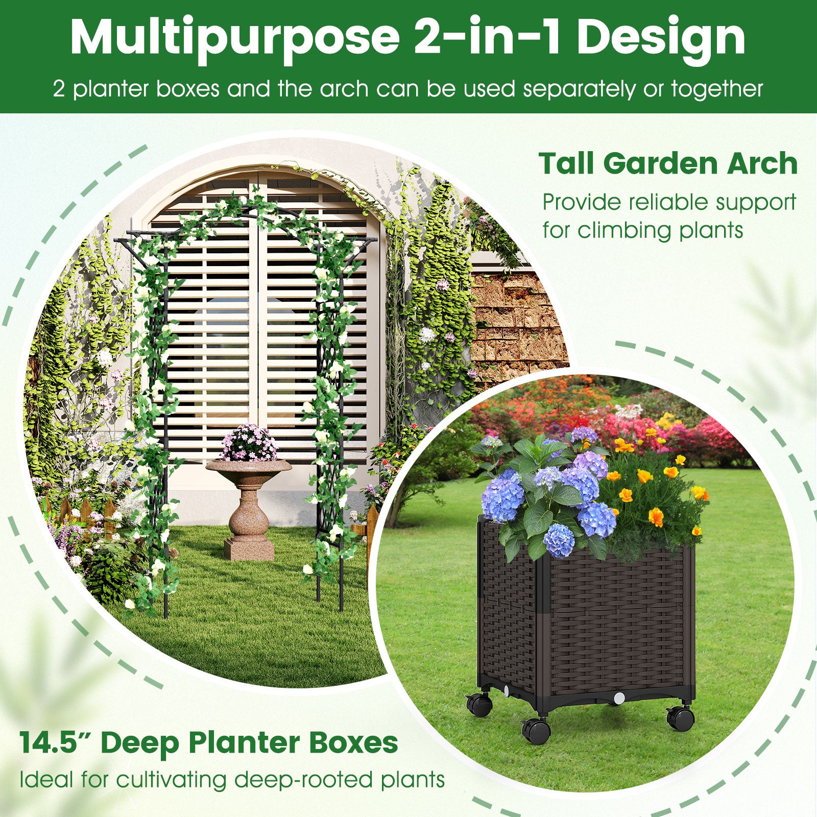 82 x 99 Inch Garden Arch Trellis with 2 Self-Watering Planter Boxes Wheels, Black Outdoor Decor at Gallery Canada