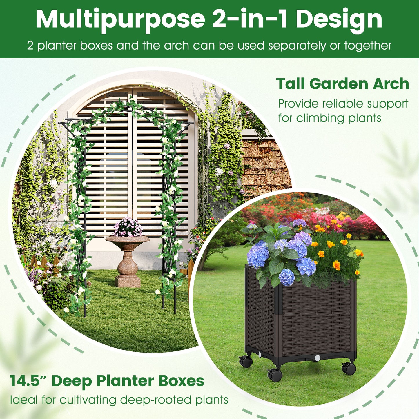 82 x 99 Inch Garden Arch Trellis with 2 Self-Watering Planter Boxes Wheels, Black Outdoor Decor at Gallery Canada