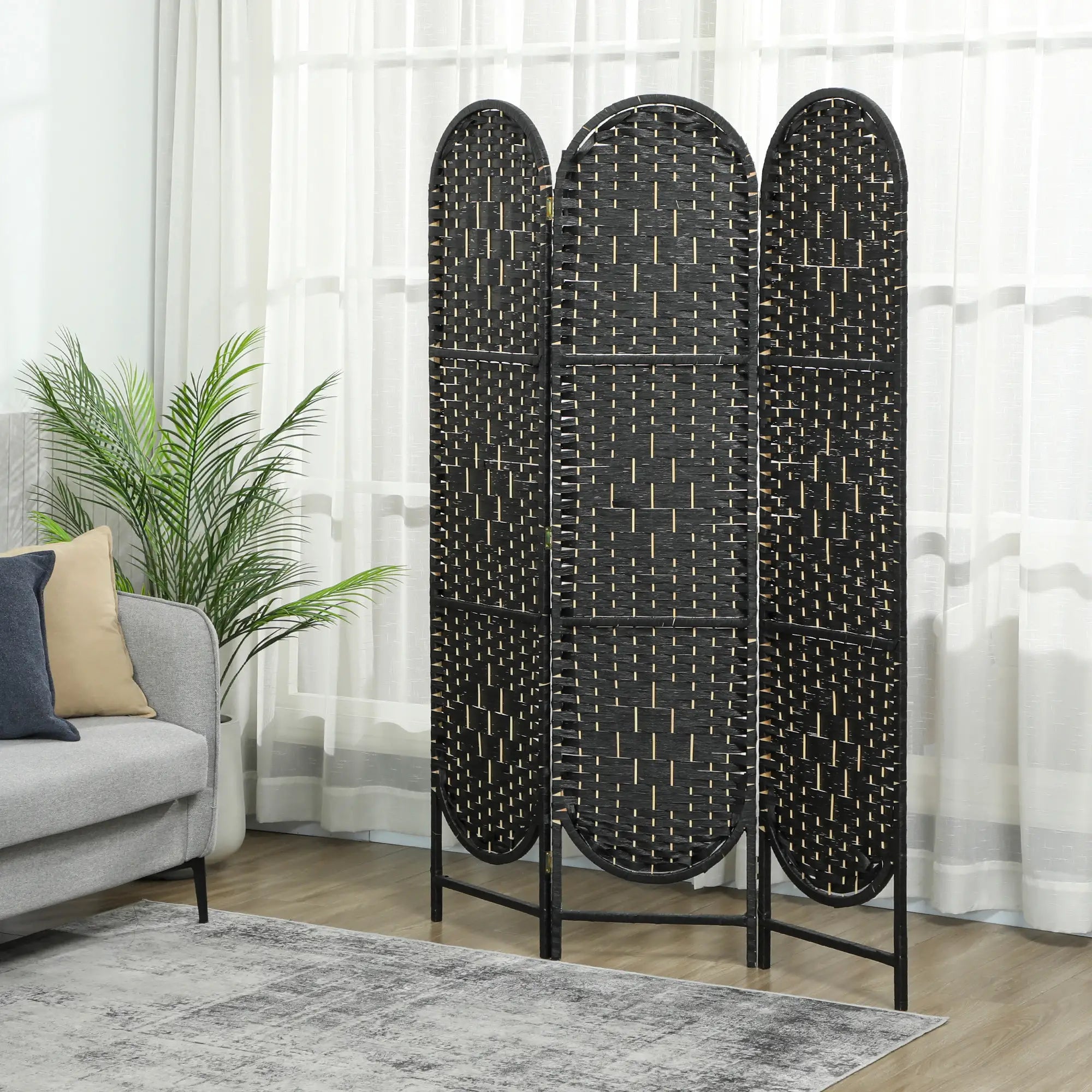 Bohemian Privacy Screen, 3 Panel Folding Room Divider, Arched Top, Black Room Dividers at Gallery Canada