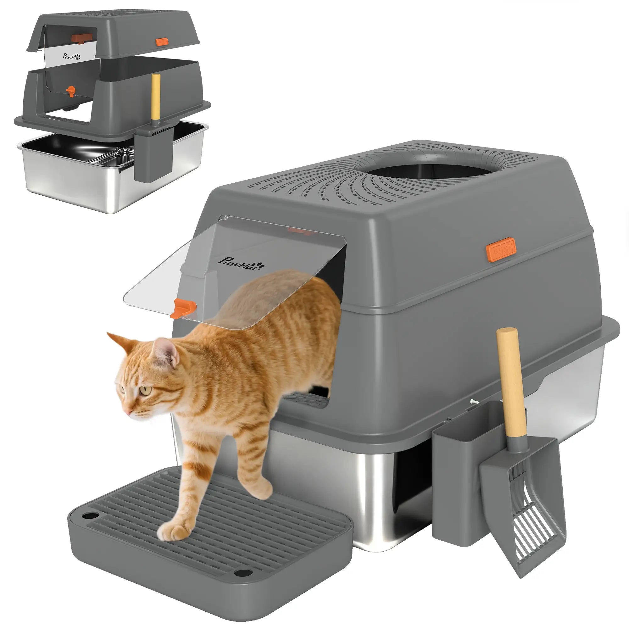 XL Stainless Steel Cat Litter Box, 80L with Front Top Entry, Trapping Step, Scoop, for Large Cats Cat Litter Box Enclosures at Gallery Canada