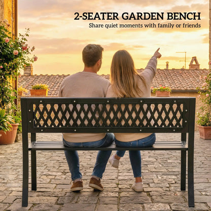 Outdoor Bench With Floral Backrest, 2 Seater Garden Bench With Armrests, Black Outdoor Benches at Gallery Canada