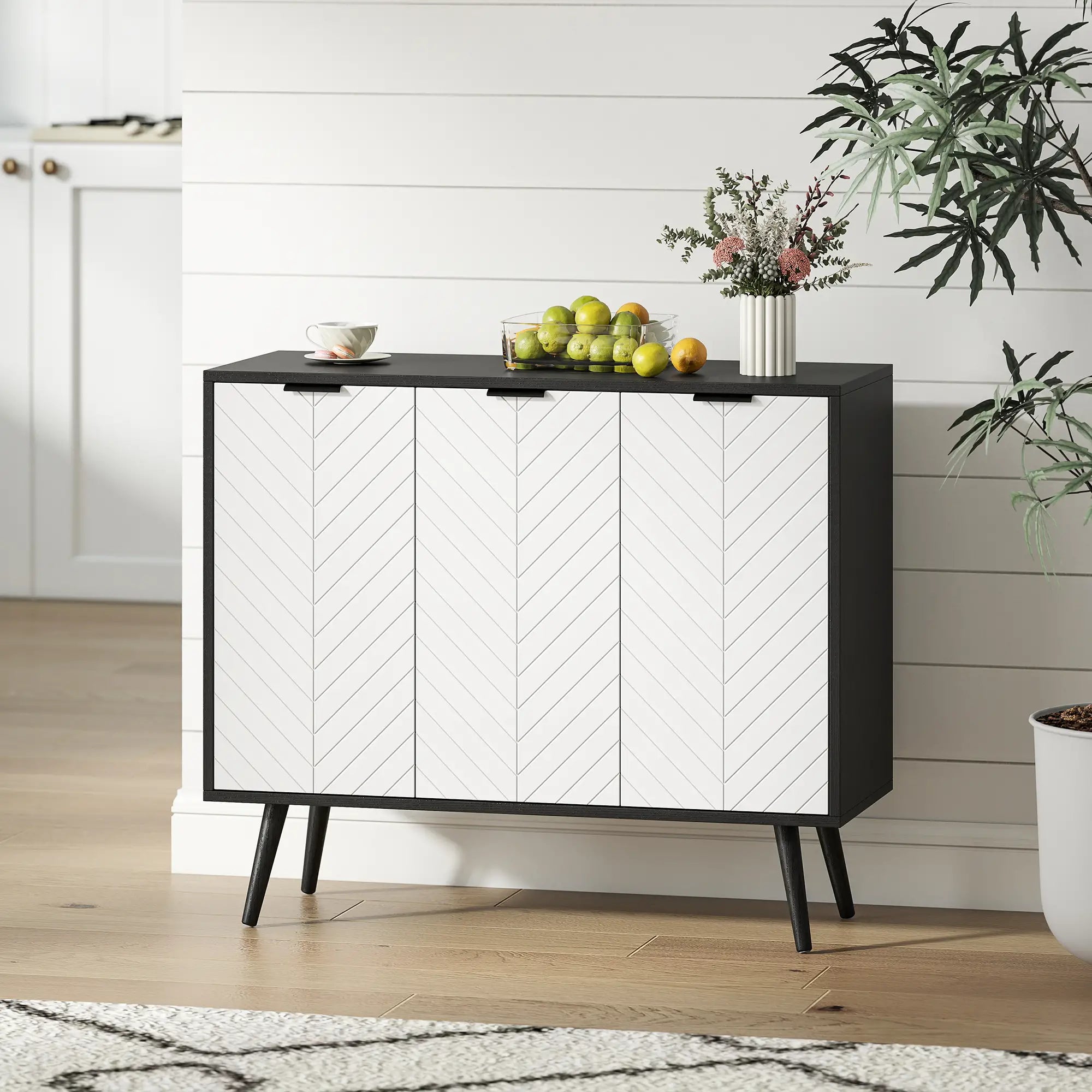 Modern Sideboard Buffet, Dining Room Cabinet, Adjustable Shelves, 3 Doors, Black Storage Cabinets at Gallery Canada