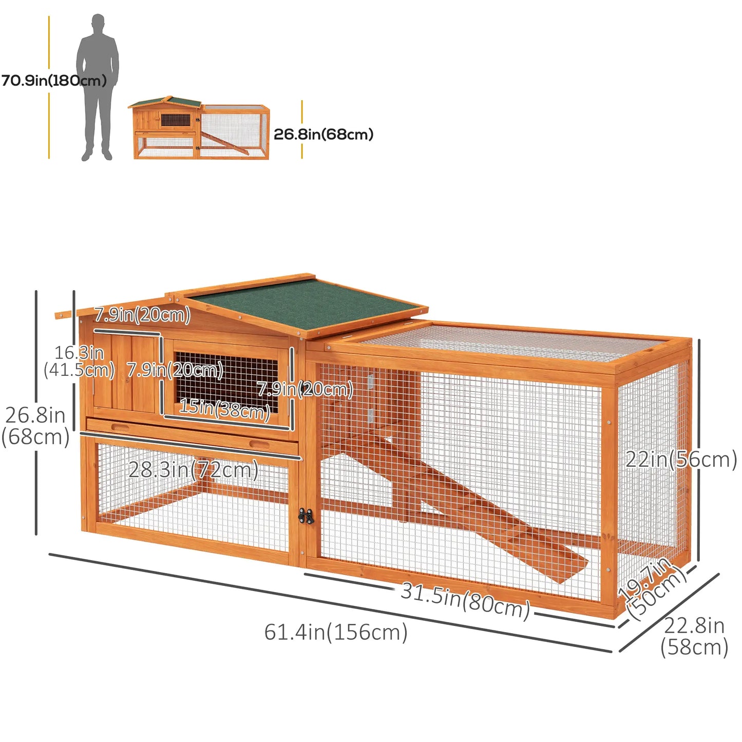 Wooden Rabbit Hutch, Guinea Pig House, Removable Tray, Openable Roof, Orange Rabbit Hutch at Gallery Canada