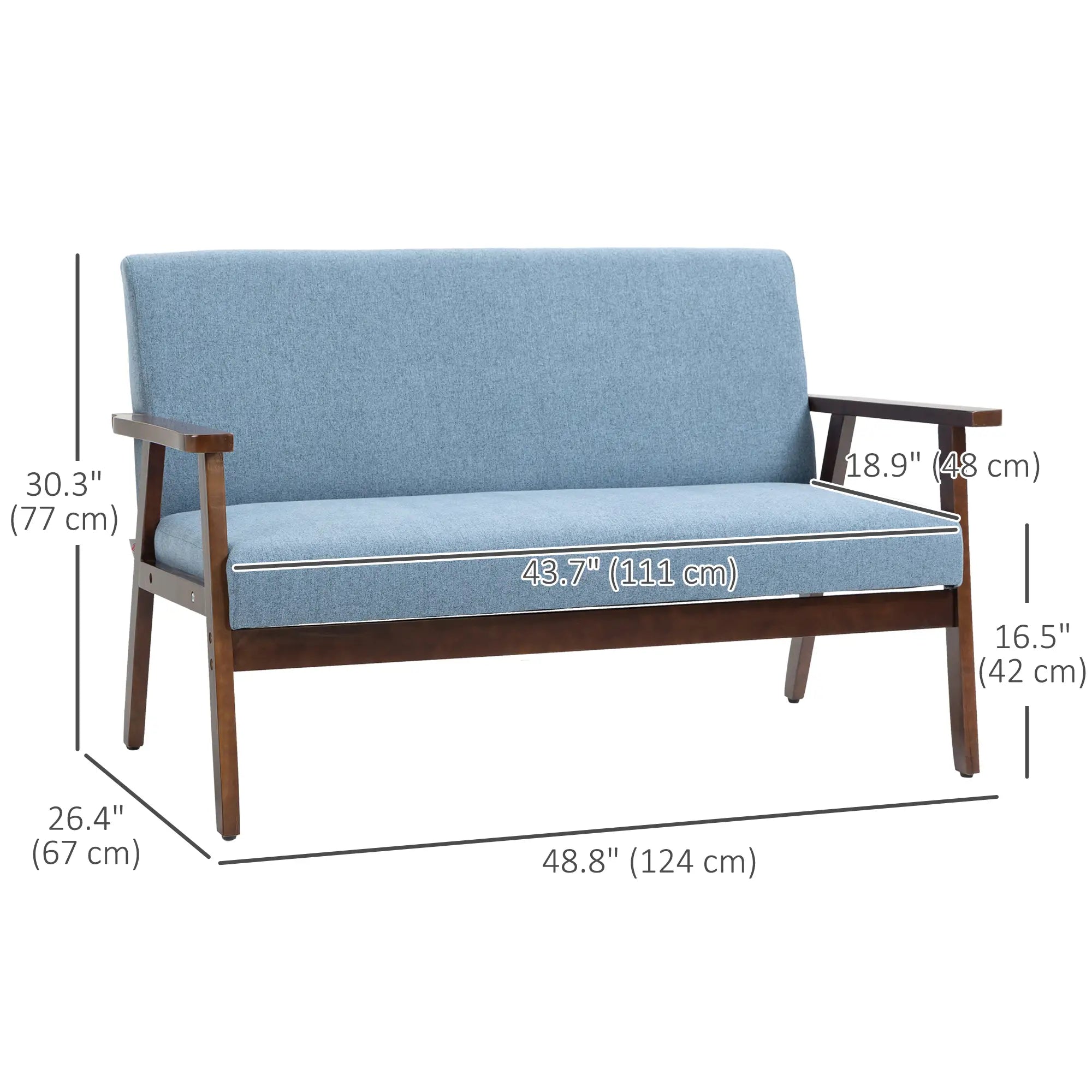 Compact Loveseat Sofa, Linen Fabric, Double Seat, Rubber Wood Legs, Blue 2-Seater Sofas at Gallery Canada