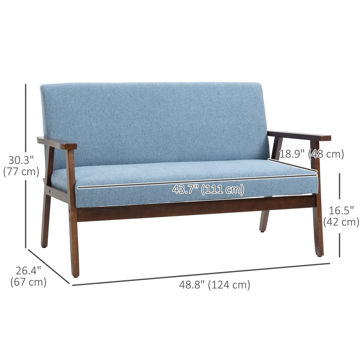 Compact Loveseat Sofa, Linen Fabric, Double Seat, Rubber Wood Legs, Blue 2-Seater Sofas at Gallery Canada