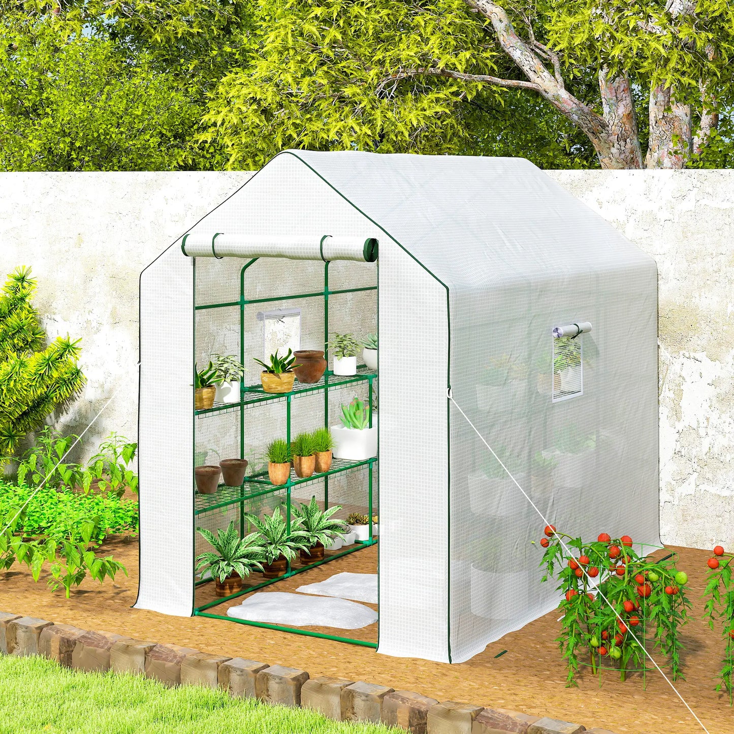 Walk-In Greenhouse, 3 Tier, Roll-Up Door, Mesh Windows, 140 x 213 x 190 cm, White