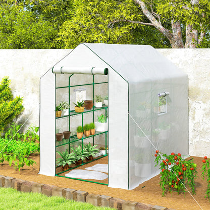 Walk-In Greenhouse, 3 Tier, Roll-Up Door, Mesh Windows, 140 x 213 x 190 cm, White