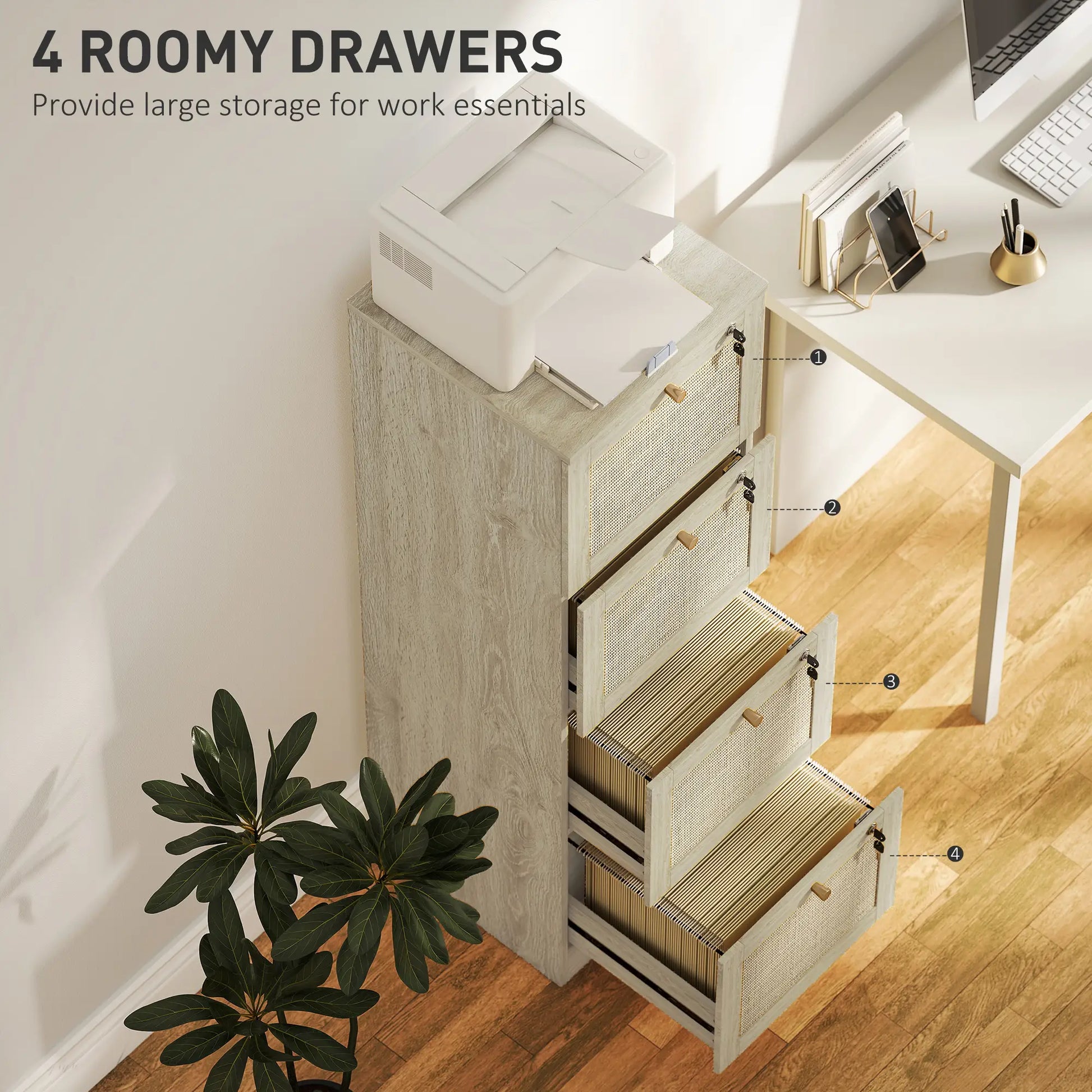 4 Drawer Filing Cabinet with Lock, Boho File Cabinet, A4 Letter Size, Oak Office Cabinets & Cupboards at Gallery Canada