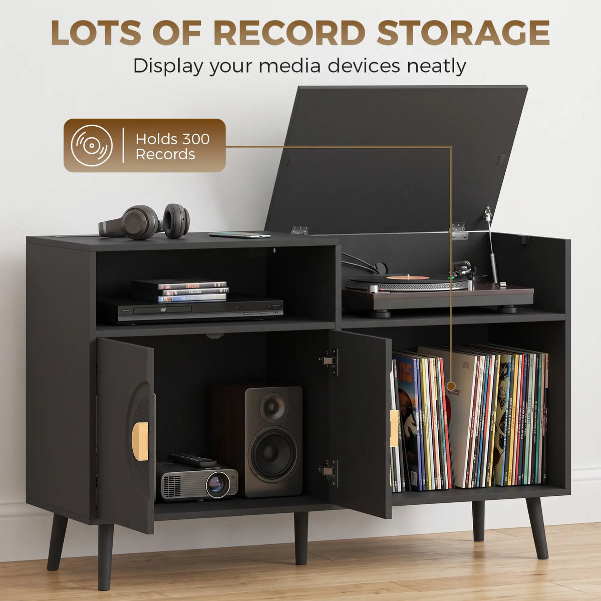 Record Player Stand with Outlets, Vinyl Storage Holds 300 Albums, Black