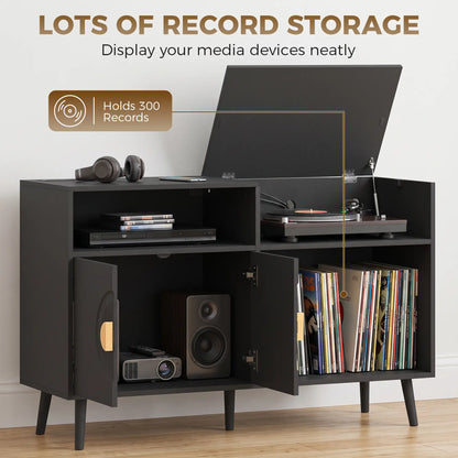 Record Player Stand with Outlets, Vinyl Storage Holds 300 Albums, Black