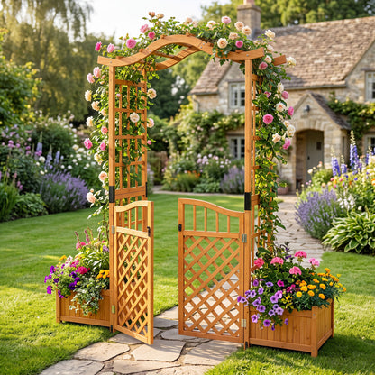 83" Garden Arbor With Gate And 2 Planter Boxes, Yellow Plant Supports at Gallery Canada