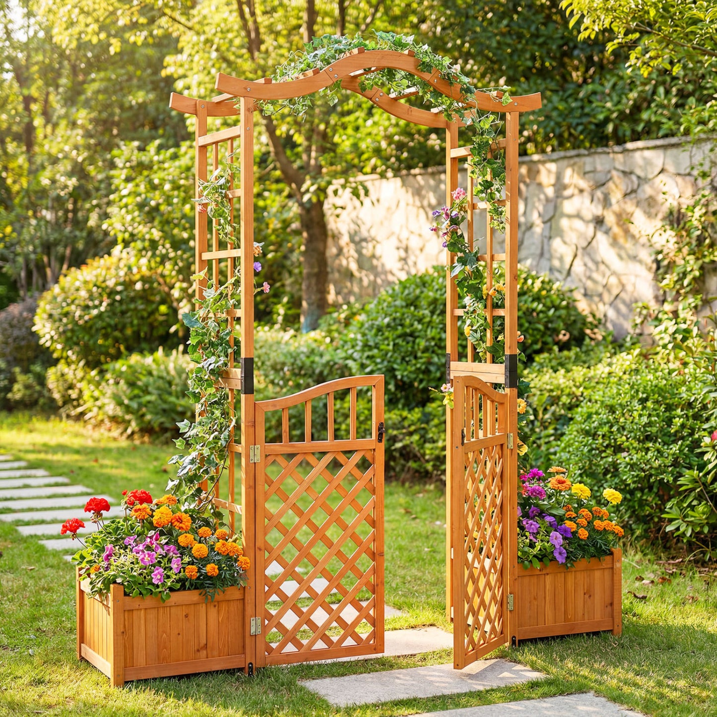 83" Garden Arbor With Gate And 2 Planter Boxes, Yellow Plant Supports at Gallery Canada