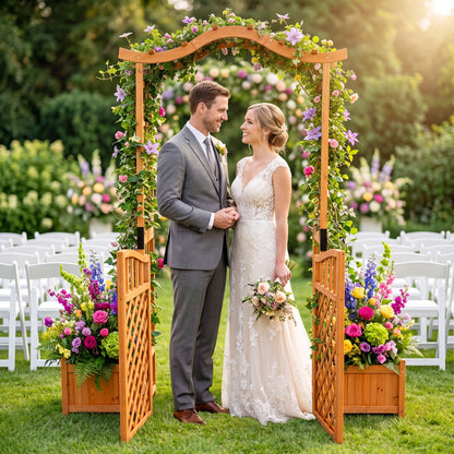 83" Garden Arbor With Gate And 2 Planter Boxes, Yellow Plant Supports at Gallery Canada
