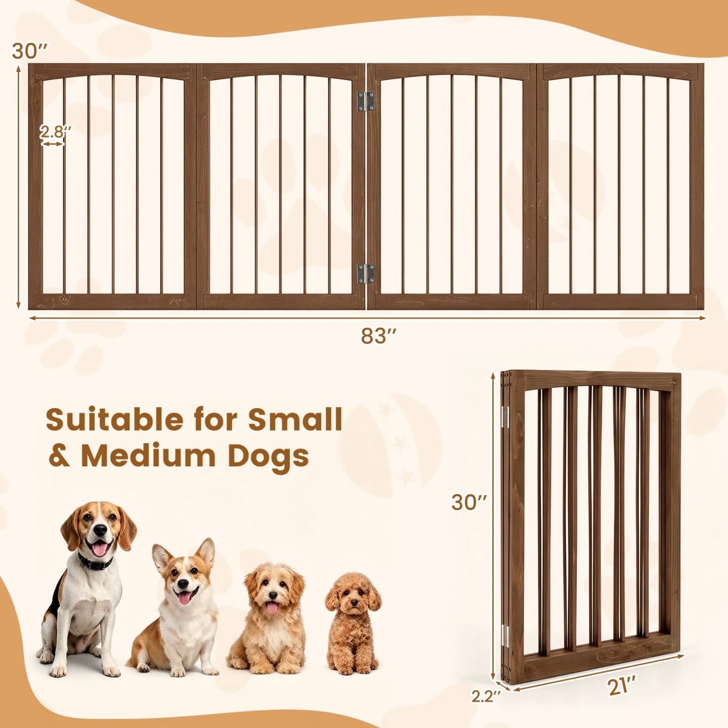 83L X 30H 4-Panel Wooden Pet Fence, Brown